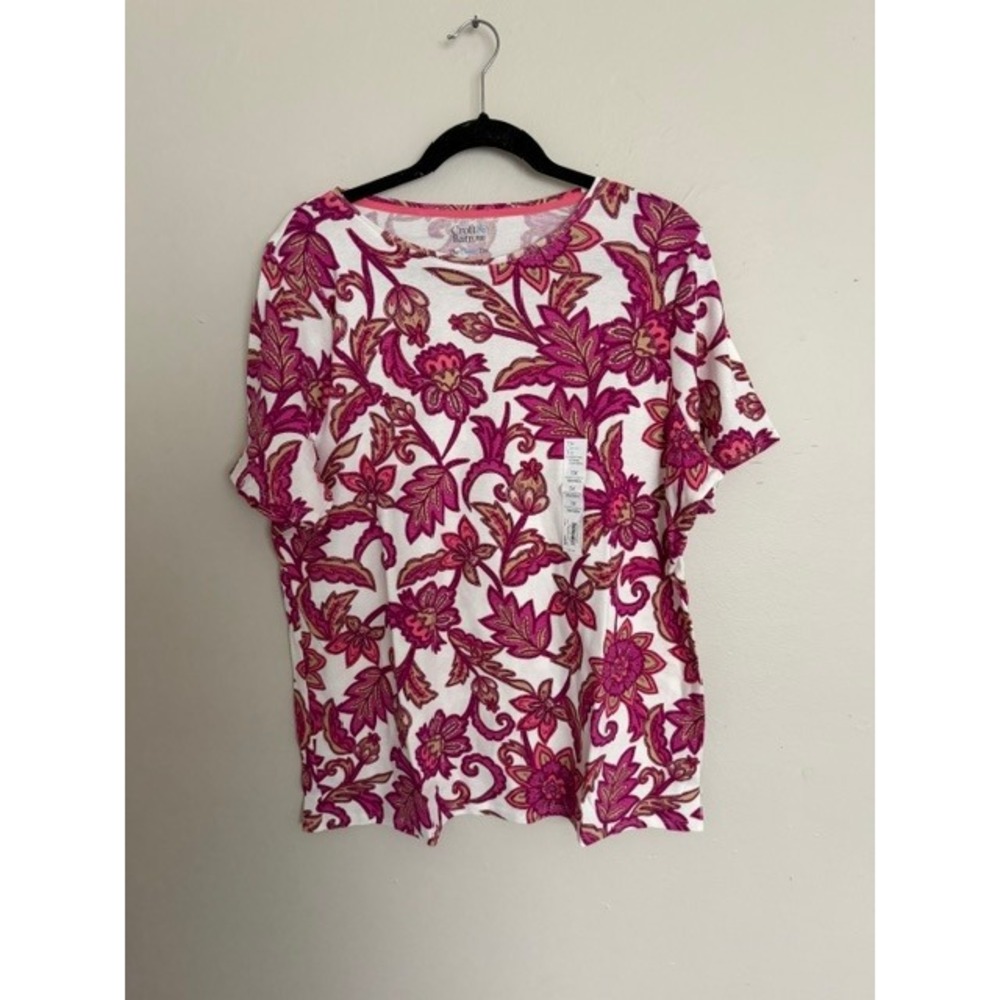 Croft & Barrow Womens 1X Classic T Short Sleeve Crewneck Pink Floral Paisley NEW